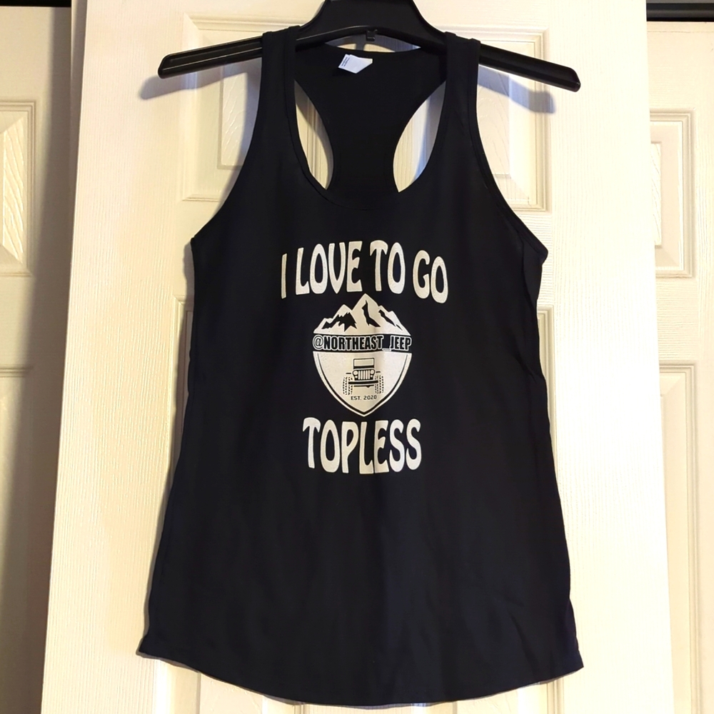 NWOT screen printed "I LOVE TO GO TOPLESS" Jeep black racer back tank